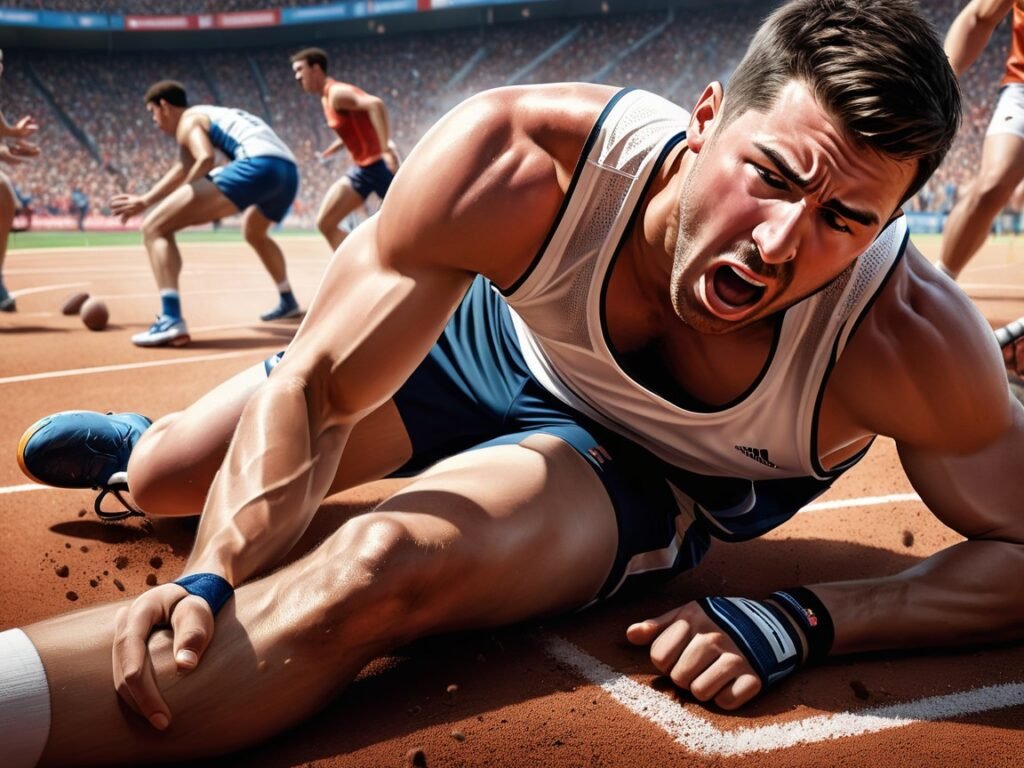 A dramatic, realistic depiction of a sports injury in mid-action, with a fallen athlete clutching at their knee in agony, surrounded by scattered sports equipment and a blurred, fast-moving background of teammates and spectators.