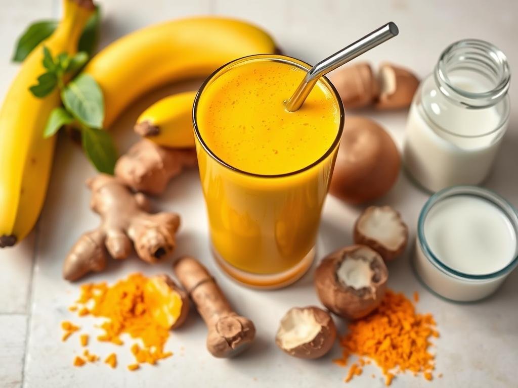 Anti-inflammatory turmeric smoothie in a glass with ingredients surrounding it