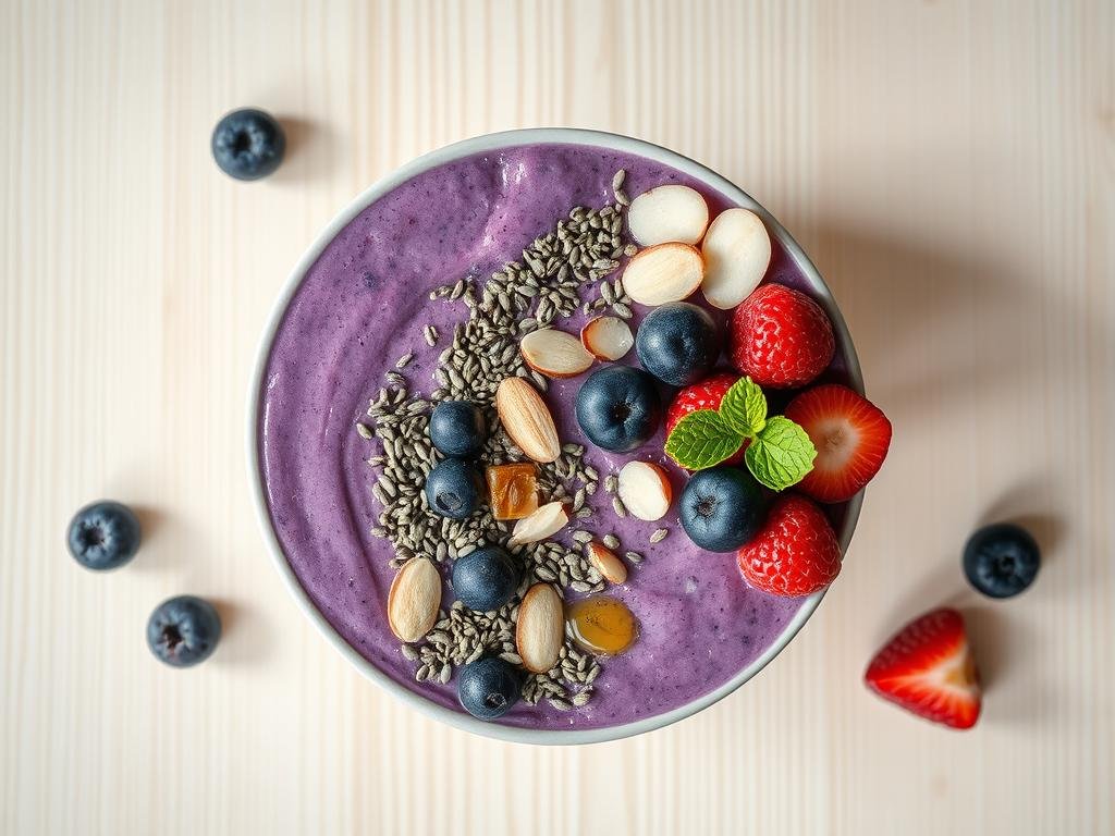 Berry-kefir smoothie bowl topped with nuts and seeds for the microbiome diet