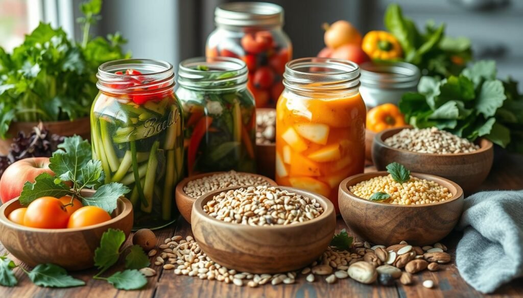 Colorful array of gut-friendly foods including fermented vegetables, whole grains, and leafy greens arranged on a wooden table
