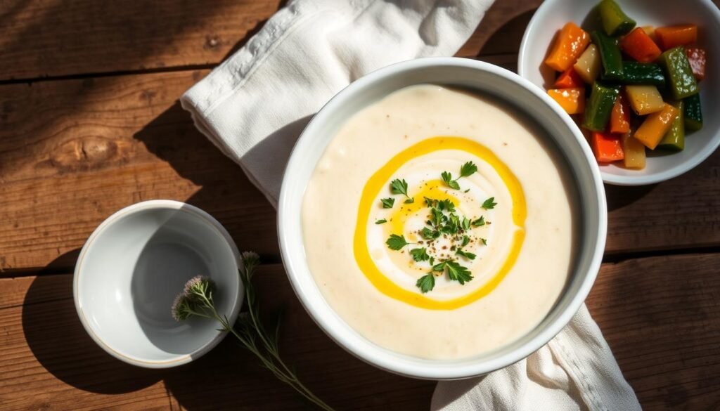 Jerusalem artichoke soup with herbs and a side of fermented vegetables for the microbiome diet