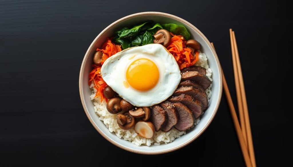 Korean-inspired bibimbap bowl with kimchi and vegetables for the microbiome diet