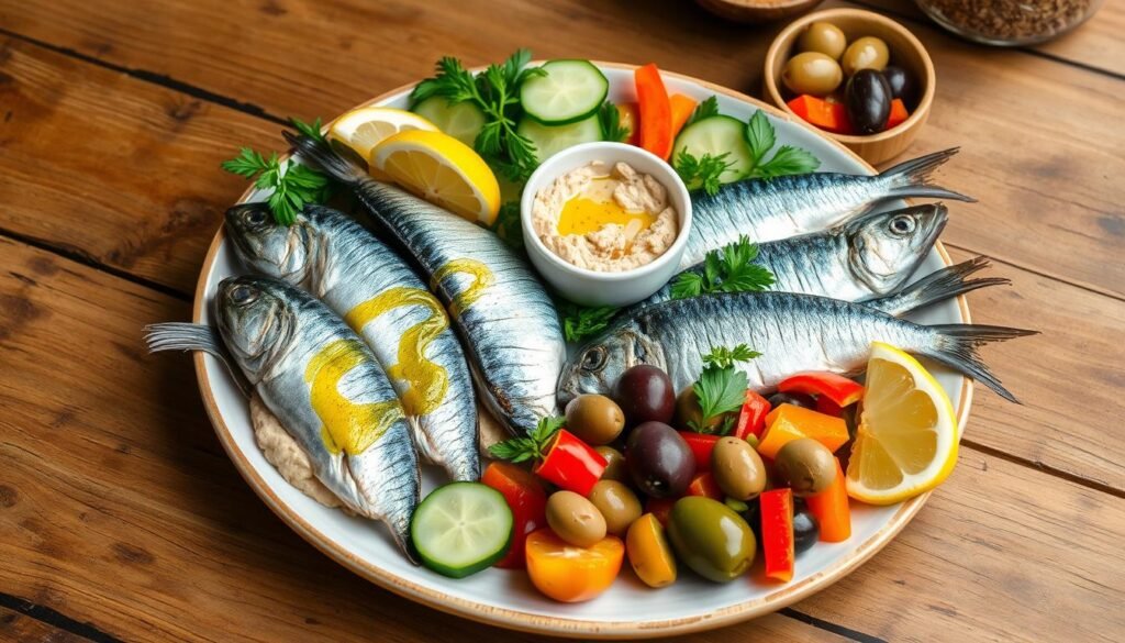 Mediterranean plate with sardines, hummus, olives, and fermented vegetables for the microbiome diet