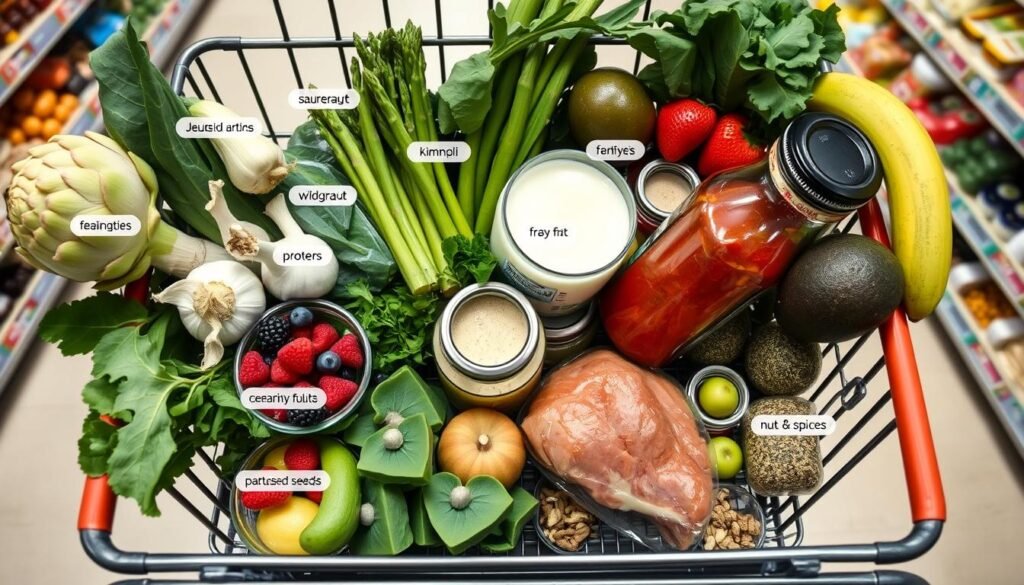 Organized shopping cart with microbiome-friendly foods including fresh produce, fermented foods, and healthy proteins