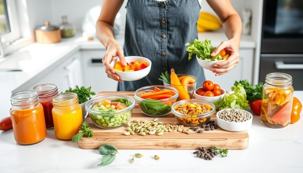 Person preparing a variety of colorful, microbiome-friendly foods in a bright kitchen