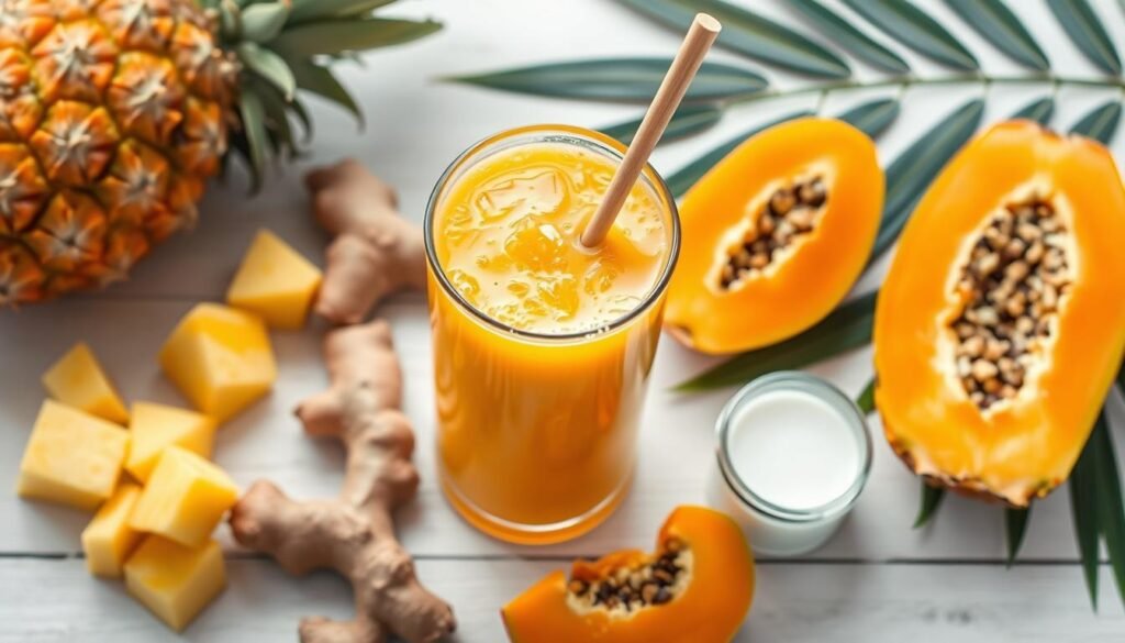 Pineapple-papaya smoothie with ginger and coconut kefir for digestive enzyme support