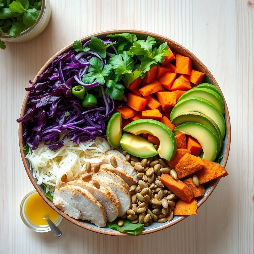 Rainbow Buddha bowl with diverse vegetables, proteins, and fermented foods for the microbiome diet
