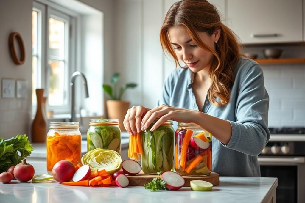 Woman preparing fermented vegetables in her kitchen for the microbiome diet